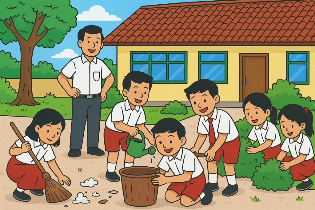 Siswa sedang melakukan gotong roryong bersama
