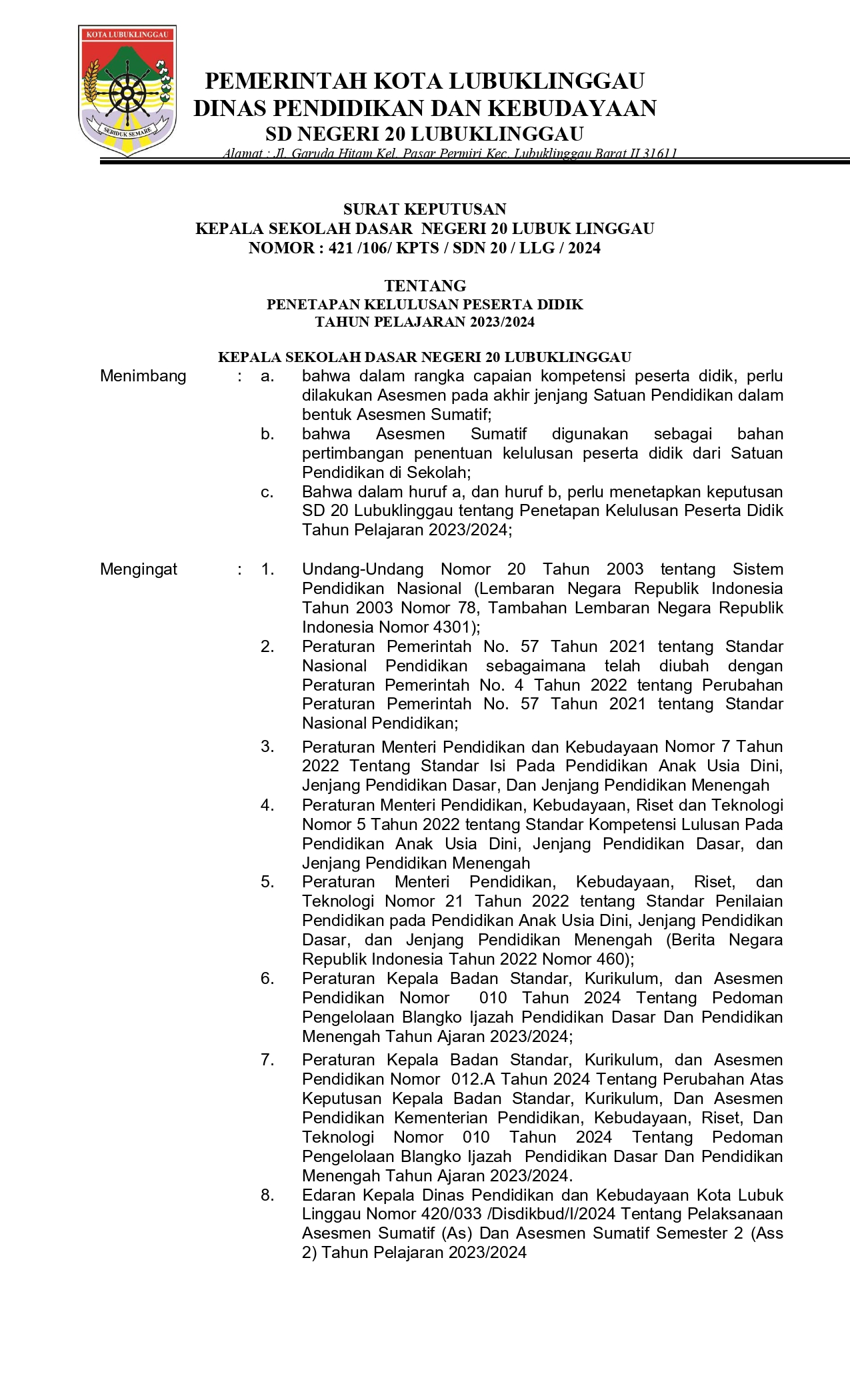 PENGUMUMAN KELULUSAN SD NEGERI 20 LUBUK LINGGAU TAHUN AJARAN 2023/2024