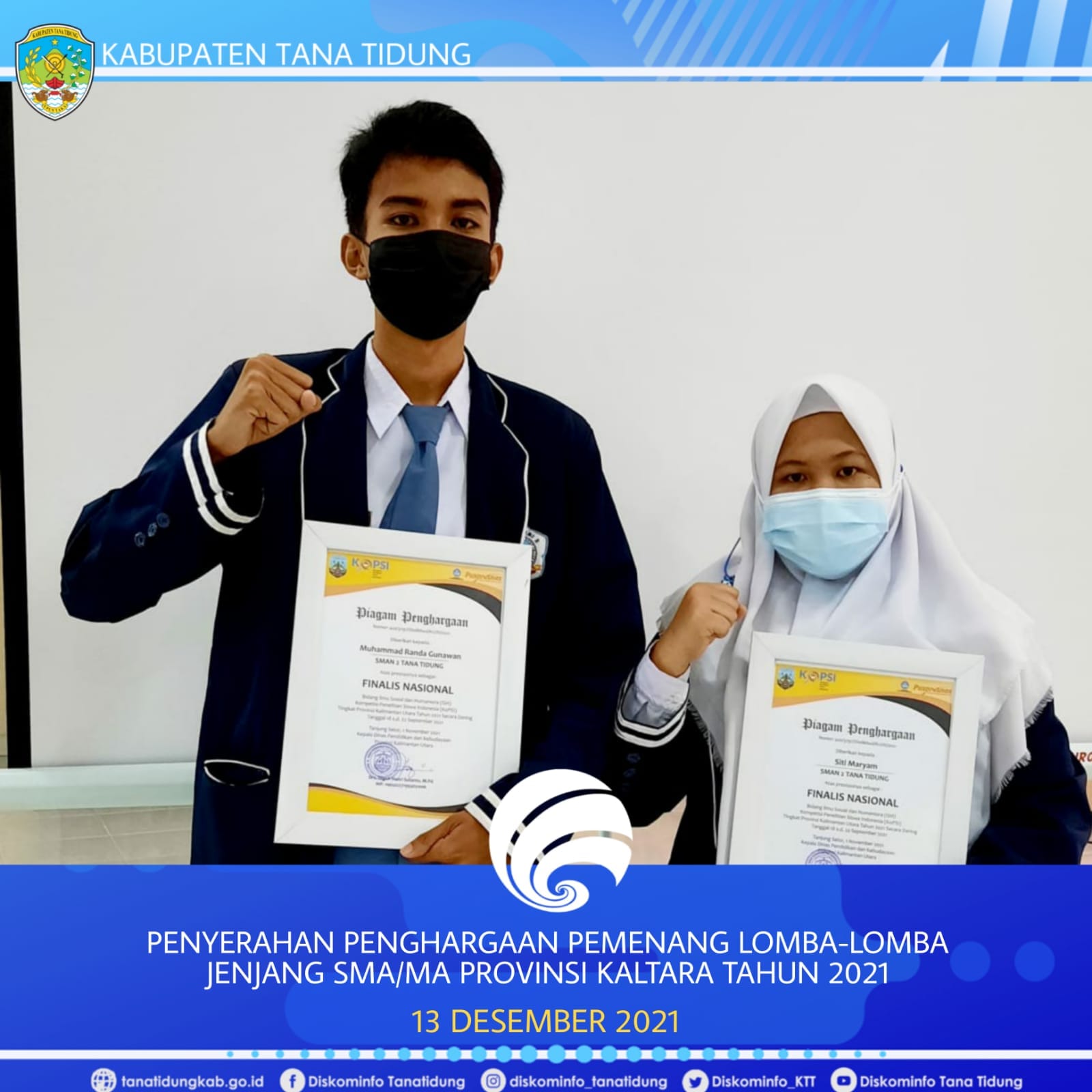 Penyerahan Bonus Kejuaraan/Lomba Jenjang SMA/MA Tingkat Provinsi Kalimantan Utara Tahun 2021. Senin, 13 Desember 2021 di Aula SMAN 1 Tarakan.