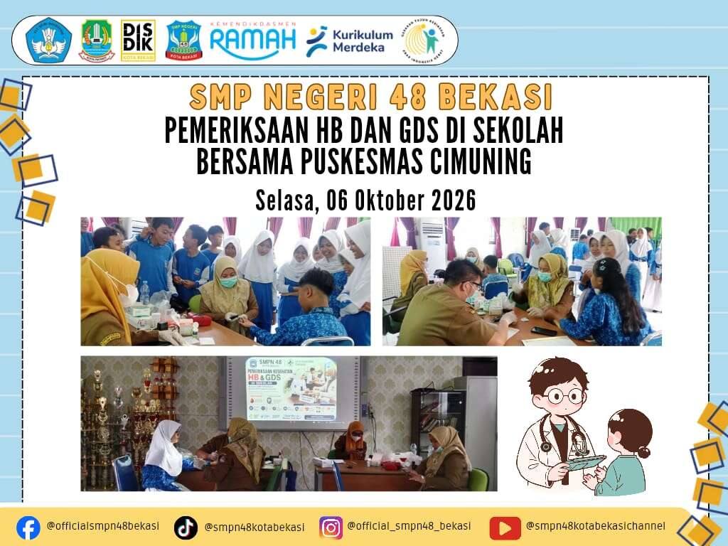 BEKASI — Dalam upaya mendukung terwujudnya generasi muda yang sehat, cerdas, dan bebas anemia, UPTD Puskesmas Cimuning berkolaborasi dengan SMPN 48 Kota Bekasi menyelenggarakan kegiatan pemeriksaan kadar Hemoglobin (Hb) dan Cek Kesehatan Gratis (CKG). Kegiatan ini difokuskan bagi para remaja putri (rematri) kelas 7 sebagai bagian dari program berkala penjaringan kesehatan anak sekolah. Sejak pagi hari, suasana ruang pemeriksaan yang disiapkan oleh pihak sekolah tampak tertib. Tim tenaga kesehatan dari Puskesmas Cimuning disambut antusias oleh para guru pendamping UKS dan siswi yang telah mengantre dengan rapi. Mengingat pentingnya deteksi dini anemia bagi remaja putri yang mulai mengalami siklus menstruasi, pemeriksaan Hb meter stik ini menjadi benteng awal untuk mencegah penurunan konsentrasi belajar serta pencegahan stunting di masa depan